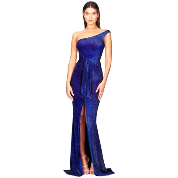 New! Nookie Women's Luna Glitter Asymmetric One-Shoulder Gown Royal Blue XS NWT - Picture 1 of 16